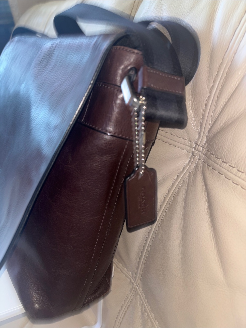 Coach Men's Brown Leather Messenger Bag with Stripe Strap - Picture 3 of 15